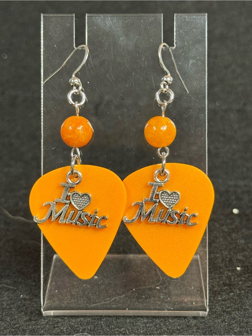 Orange 'I Love Music' Guitar Pick Dangle Earrings